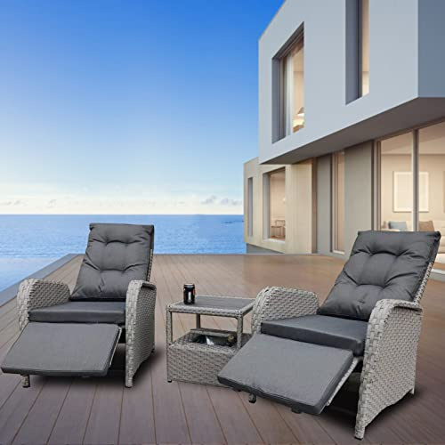 3 Pieces Patio Lounge Chair Set, Rattan Chaise Lounge Sofa Set 2 Seater Recliner Outdoor Daybed with Soft Cushion & Ice Bucket, Outdoor Rattan Wicker Furniture Reclining Chairs Sofa Set -Gray
