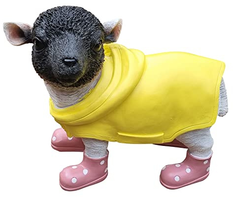 Fachhandel Plus Deko-Figur Lamm mit Mantel und rosa Gummistiefel lustige Tierfigur Schaf Gartendeko