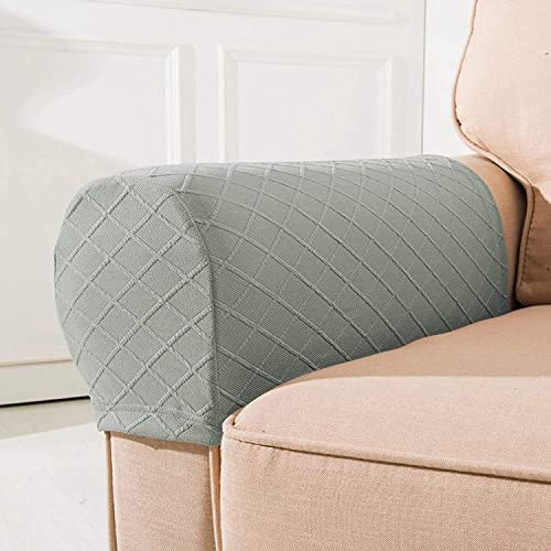 NEKOSUKI Arm Rest Covers, Set of 2 Stretch Diamond Pattern Armchair Couch Stretch Armrest Chair Covers for Furniture Protector, Anti-Slip Sofa Chair Arm Cap Spandex Polyester Slipcovers, Light Gray