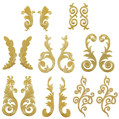 AHANDMAKER 8 par blad blomma broderi applikation, gyllene etnisk stil sy på blad krans lapp blomma broderad applikation för gör-det-själv sömnad bröllop bal klänning kläder byxor skor
