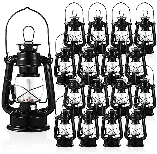 Hortsun 16 Pcs 8 Inch Vintage LED Camping Lanterns Metal Black Outdoor Battery Operated Hanging Hurricane Lantern with Warm LEDs and Dimmer Switch for Indoor Rustic Farmhouse Country Camping Decor