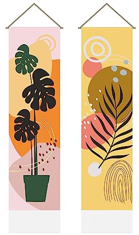 AHANDMAKER Arazzo floreale con piante rosa e gialle, 2 pezzi, arazzo estetico botanico, stile foresta, decorazione da parete per soggiorno e camera da letto (130 x 33 cm)