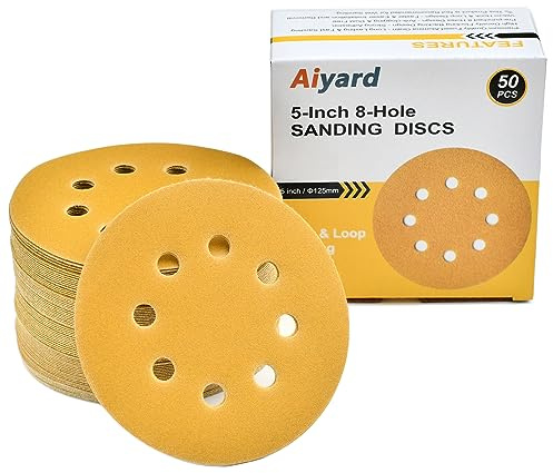 Aiyard 5-Inch 8-Hole Hook and Loop Sanding Discs 220-Grit Random Orbit Sandpaper, 50-Pack
