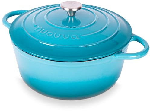 Cazuela de Hierro Fundido con Tapa – Esmaltada, Antiadherente, Apta para Horno hasta 500° F – Ollas Holandesas Robusta – Azul, 6.4 Cuartos, 28cm – por Nuovva