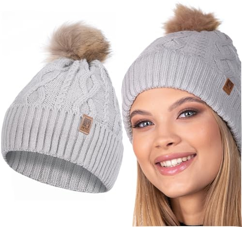 HEYO Dammössa, mjuk vintermössa med fuskpäls, tofs, lätt tofsmössa, mössa, stickad mössa, fodrad, flickor, GRÅ, En Storlek