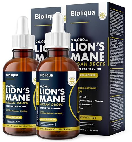 Lions Mane Supplement Liquid Drops - High Strength of 24,000mg per 60ml Bottle at 4X Concentration - Vegan - 2 Month Supply of Premium Lions Mane Extract - Made in UK by Balance (Double Pack)