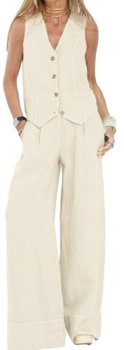 Conjuntos casuales para mujeres de algodón y lino de 2 piezas, chaleco suelto sin mangas con botones, pantalones de pierna ancha, trajes cómodos con pantalones para dama, blazer de negocios de verano