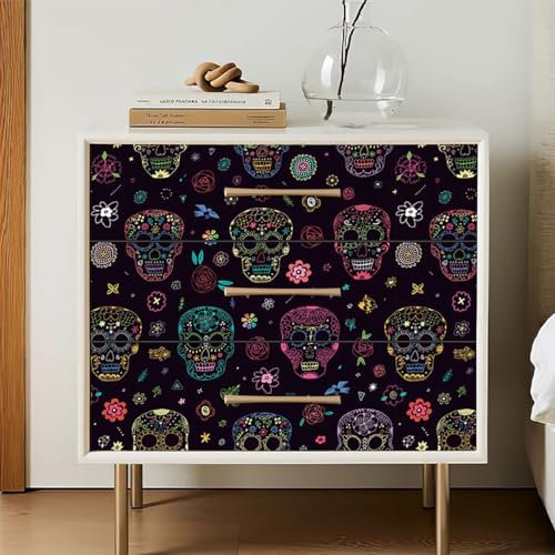 Selbstklebende Tapete Schädel Türkis Blume Strukturtapete Wandtattoo Schlafzimmer Tapete Selbstklebend Vliestapete Wallpaper for Living Room Tapeten Wandschutzfolie 45x300cm