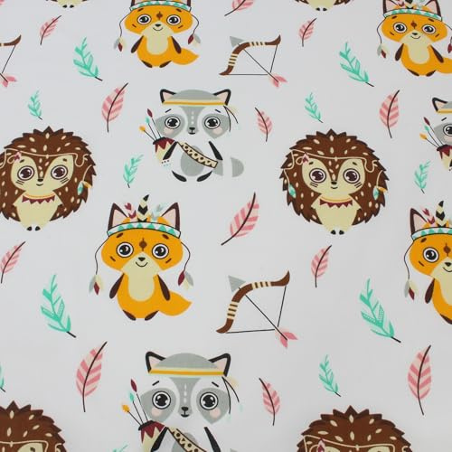 Baumwollstoff Meterware Kinder – Stoff Weiß mit Fuchs, Igel & Waschbär, 100% Baumwolle, weich & schadstoffgeprüft