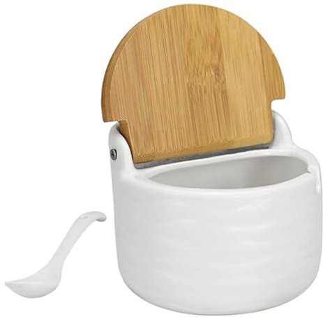 BEAHING Sugar Bowl, Sugar Bowl with Lid and Spoon, Sugar Bowl with Lid and Spoon 250ml Ceramic Sugar Pot Washable Sugar Jar Salt Cellar for Spice Pepper Home Kitchen White