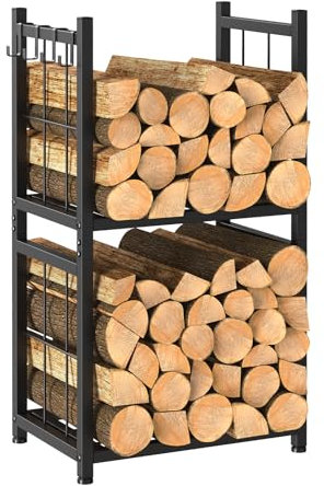 Shinoske Porta legna da ardere con 2 Ripiani, 44 x 30.5 x 82 cm, Portalegna da Interno ed Esterno in Metallo con 4 ganci, set di attrezzi per camino, Portalegna Elegante, Nero