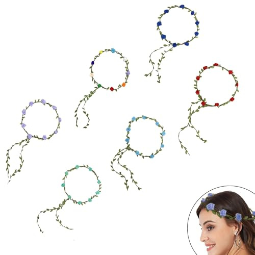 KINHARD Blumenkranz Kopfschmuck 6 Stück Haarkranz mit 9 Rosen Haarreif Blumen Girlande im Waldstil, für Festivals, Partys und Strände Als Kopfbedeckung