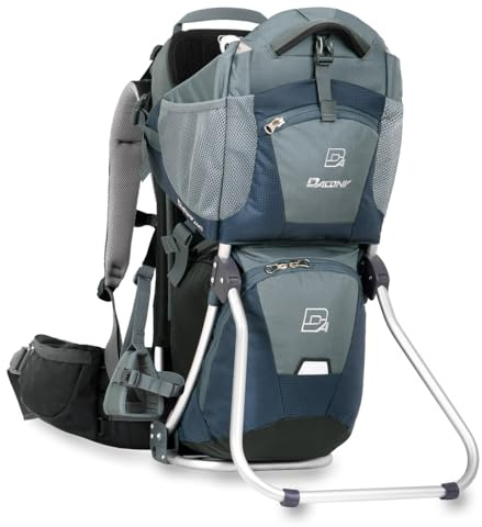 Kraxe Kindertrage Dacony, inklusive einem Paar Fußstützen mit Fersenarretierung, für das Tragen auf dem Rücken- Kindertragerucksack mit Rahmen- bis 25 kg- geeignet für alle Körpergrößen (Deep blue)