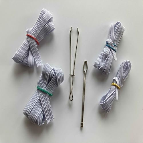 Herz Stoffe Österreich 6-teiliges Set mit 4 elastische Gummibänder in weiß (je 1m lang: 3mm 5mm 8mm 10mm) und 2 Gummiband Einfädler (Durchziehnadel Metallpinzette) - Nähset zum Nähen und Basteln