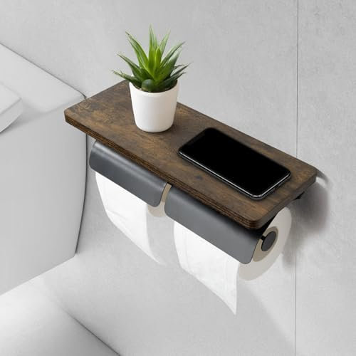 Porte-Rouleau de Papier Toilette Mural Double avec Étagère en Bois et Feuille de Métal, Étagères Flottantes, Distributeur de Rouleaux de Papier Toilette Antirouille pour Salle de Bain et Cuisine