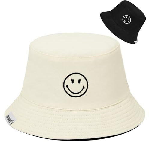 Durio Fischerhut Herren Sonnenhut Damen Baumwolle Bucket Hat Herren Reversibel Faltbar Anglerhut Sommerhut Reisen SmileyWorld® Schwarz Beige