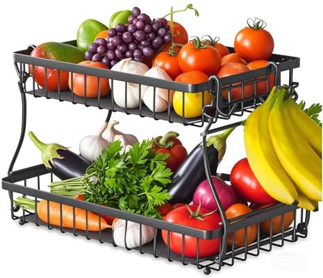 JLLYGOUS Cesto Frutta 2 Livelli, Porta Frutta a Piani con Gancio a Banana, Cesto Portafrutta 2025