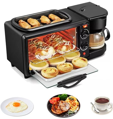 Estación De Desayuno 3 En 1, Máquina De Desayuno Portátil De 1100 W, Horno Tostador con Cafetera Y Plancha, Máquina De Desayuno con Sartén Antiadherente, para Apartamentos Y Cocinas Pequeñas