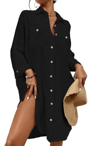 Bsubseach Modern Button Down Beach Cover Up Dress Black XXXL