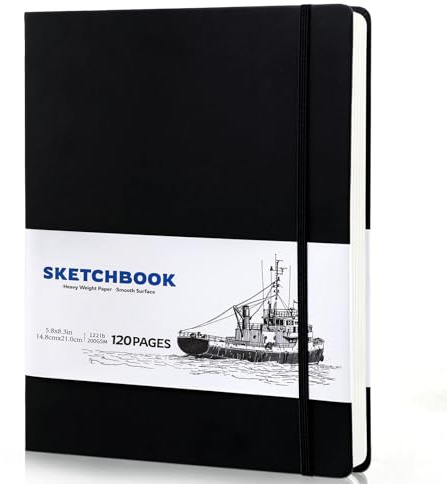 A5 Sketchbook, 60 Sheets 200GSM Paper, Black Hardcover, 14.8 x 21 cm