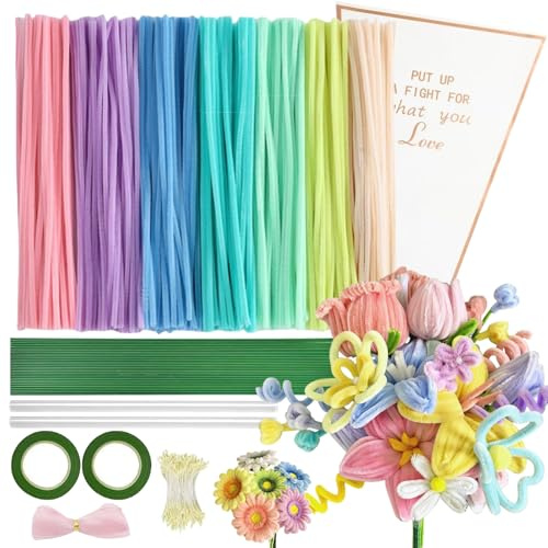Litrue Pfeifenreiniger Blumen Set, 300 Stück Pfeifenputzer zum Basteln mit Bastelfaden, Geschenkband, Blumen Staubblatt, Klebestifte, Geschenkpapier für DIY Rosa Tulip Lilien Blumenstrauß (Bunt)