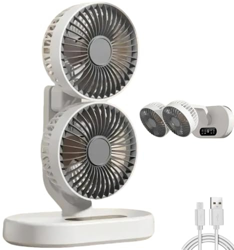 Credelin Ventilador de escritorio oscilante de doble cabeza, silencioso recargable por USB con temporizador de 6 velocidades y 9 horas, rotación de 360°, montaje en pared