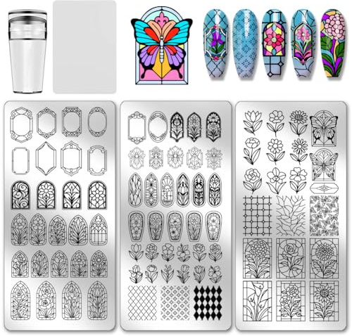 PH PandaHall 3pcs Flower Window Nail Stamping Plates Spring Nail Art Templates Tulip Rose Daisy Manicure Art Stencils Leaf Butterfly Nails Image Plates for Women DIY Manicures Salon Design Print