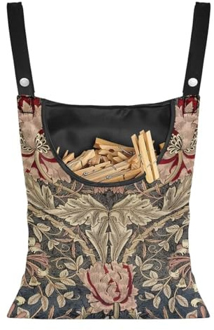 Buxolandt Vintage William Morris Floral Peg Bag for Storage with Hanging, Storage Peg Holder Sliding on Clothesline, or Washing Line, Reusable for Clothes Washing, Laundry Room Brown