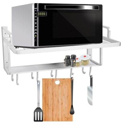 Ejoyous Microwave Rack, Microwae Wall Mount Space Aluminum Microwave Wall Bracket Microwave Stand Double Layers Kitchen Storage Shelf, Support Mural with Multi-Hooks for Spoons Seasoning Cruets