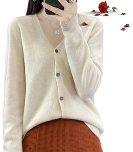 POIOZXD - Cardigan in cashmere per donne, cardigan con bottoni sul davanti, scollo a V, maniche lunghe, maglione caldo in lana lavorata, Beige, M
