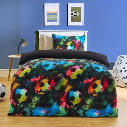 OHS Single Fleece Duver Cover, Super Soft Winter Warm Football Bedding for Boys Single Duvet Cover Set Cosy Comfy Kids Bedding Set with Pillowcase Football Gifts, Neon