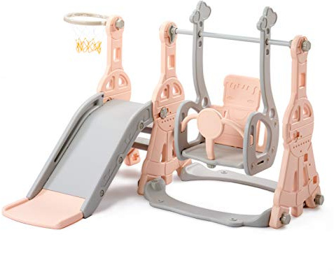 4-in-1 Kinderrutsche, Rutsche Outdoor, Indoor Spielplatz für Garten mit Schaukel, Basketballkorb und Kletterleiter, für Kinder 1-6, Indoor&Outdoor (Rosa)