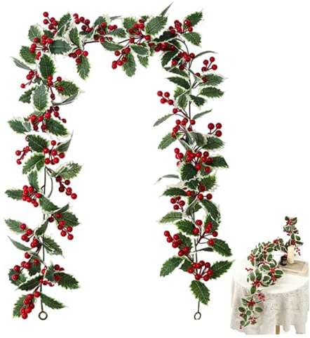 Guirnalda de Navidad, 5.7 pies de imitación de Hojas de Acebo de Tacto Real, Guirnalda Verde con Frutos Rojos para escaleras, barandilla, Chimenea, decoración de Manto, guirnaldas para Deco