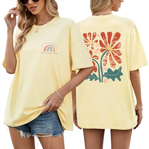 heekpek T Shirt Femme Oversize Très Large Teeshirt Coton Col Rond T-Shirt Manches Courtes Chic Imprimé Décontracté Grande Taille Haut Femme Ete, Abricot, XL