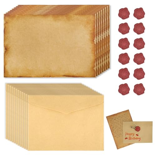 Set de 40 Pièces de Papier à Lettres Vintage avec Enveloppes et Sceaux de Cire – 16 Feuilles A5 et 12 Enveloppes, Idéal pour Lettres d'amour, Mariages, Anniversaires et Noël