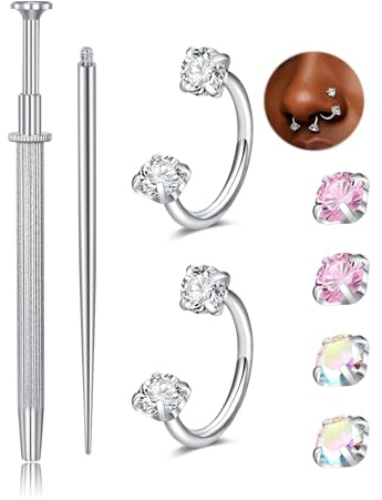 QWALIT Silver 18g Horseshoe Nose Ring Double Stud Gem Horse Shoe Nose Ring Hoop for Women Surgical Steel U Shape Half Earring Tragus Earring Hoops Lip Helix Piercing Jewelry Septum Rings 6mm 7mm
