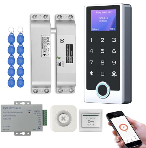 Tuya WLAN Zutrittskontrollsystem Set – Türöffner mit Code & Fingerprint, IP68 Metall Codetaster mit LCD, inkl. Netzteil, Exit-Taster, Türklingel, elektrischem Türöffner + 10× 125 kHz RFID Transponder