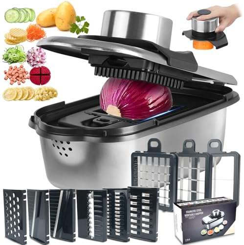 Mandolina de Cocina Profesional 9 en 1, Cortador De Patatas Inoxidable Diseño De Protector De Mano, Picador de Verduras con 9 Cuchillas Afiladas Intercambiables, Cortador de Patatas Tomates Pepinos
