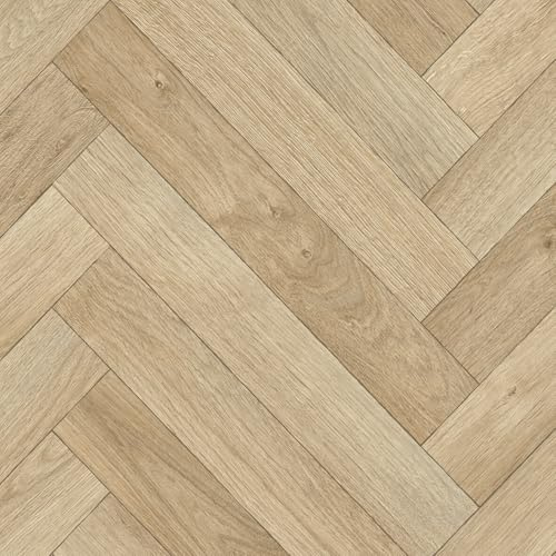 Vinyl Flooring Wood Oak Herringbone Parquet Design Foam Backed Vinyl Flooring Roll | Non-Slip Easy Clean Waterproof Lino Floor | Dining Room, Lounge, Hallway Flooring (Light Brown, 4m x 4m)