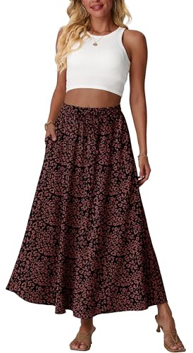 QIXING Women's Long Flowy Maxi Skirt High Waisted Boho Summer A-Line Skirts for Women UK Elasticated Waist with Pockets(Black Red Panther, M)