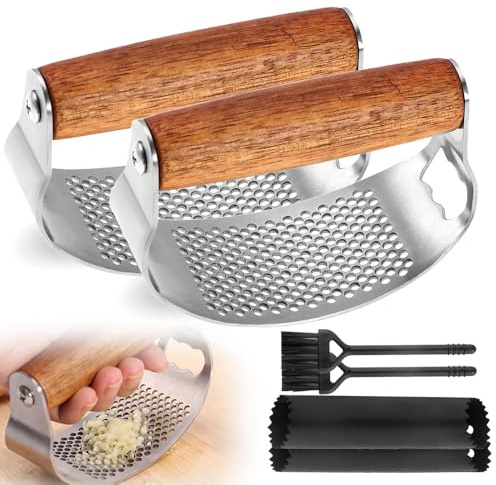 Knoblauchpresse Edelstahl, 2026 Neu Knoblauchschneider mit Knoblauch Schäler und Reinigungsbürste, Knoblauch Presse Mincer Crusher Kochgerät für Knoblauchs, Ingwer und Mehr (2Pcs)