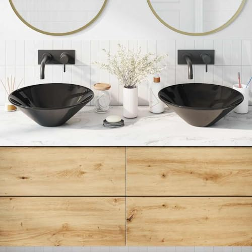 Mokuyary Waschbecken, 2 Stück, schwarz, glänzend, Ø 42 x 14 cm, Keramik, Waschbecken, Aufsatzwaschtisch, für Badezimmer, Gäste-WC, Hotel, Toilette