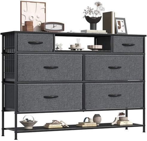 Chartyou Fabric 6-Drawer Chest with Shoe Shelf | 47.2 Wide Multi-Function Storage Cabinet, TV Stand & Wardrobe Unit for Bedroom, Hallway or Living Room (Grey)