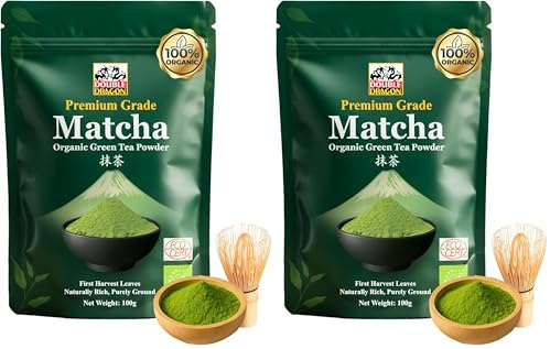 Double Dragon Organic Matcha Green Tea Powder 100g - Premium Ceremonial Grade Japanese Stone-Ground Matcha Powder | Antioxidant Rich Matcha Tea for Lattes, Smoothies & Baking | Vegan and Gluten-Free