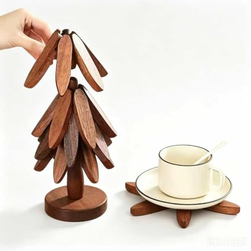 Wooden Trivets for Hot Dishes, Tree Wooden Coasters, 5 Foldable Reusable Wooden Trivets 1 Stand Stored Set, Wood for Hot Pots, Pans, Bowl, Teapot, Practical Trivet on The Kitchen Counter Deco