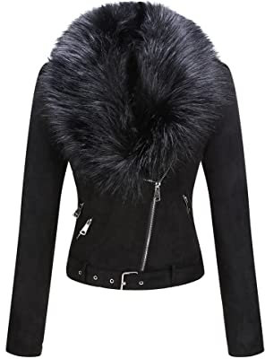 BELLIVERA Giacca in Pelle Scamosciata da Donna in Ecopelle Cappotto Corto da Motociclista con Collo di Pelliccia Staccabile 8830 Nero XL