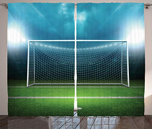 ABAKUHAUS Sport Rustikaler Vorhang, Fußball-Fußball-Spiel, Wohnzimmer Universalband Gardinen mit Schlaufen und Haken, 280 x 245 cm, Grün Blau