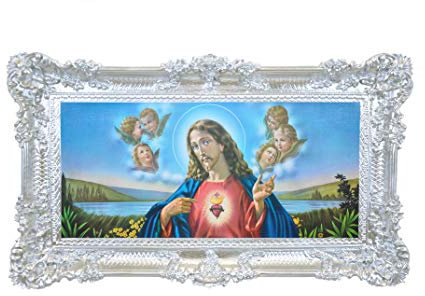 Idea Casa Quadro Stampa su Carta Telata del Sacro Cuore di Gesù Cornice Barocca cm 96x56 (Argento)