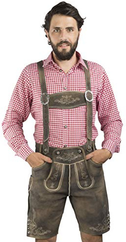 Men's Bavarian Lederhosen Short Oktoberfest Leather Trousers -Authentic German Trachten Pants Kärnten (38- EU56) Brown