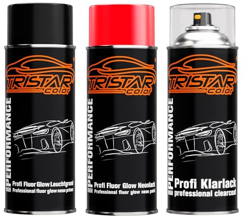 TRISTARcolor Neonlack Set Leuchtgrund Klarlack Rot glänzend | Spraydose, Sprühdose, 3x 400 ml, Autolack, schnell trocknend, hohe Leuchtkraft, schützt vor Rost, Made in Germany